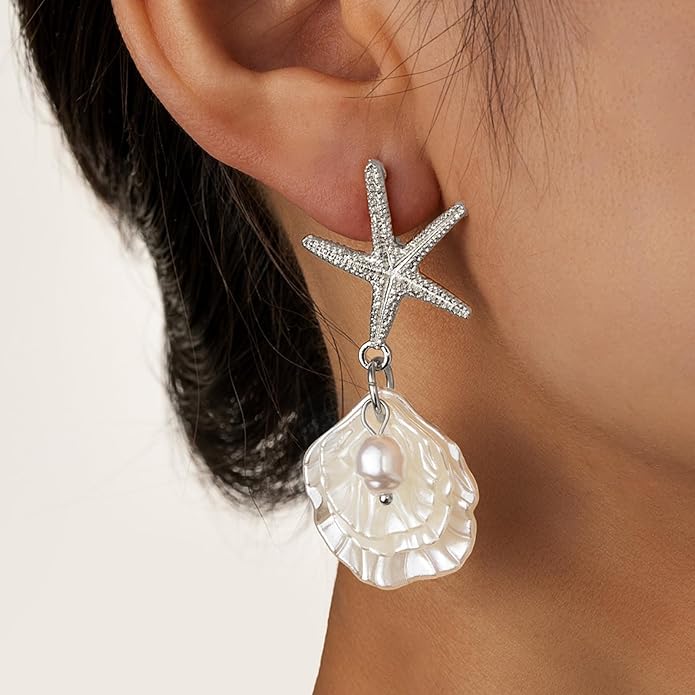 Seashell Starfish Earrings Beach Jewelry for Women Pearl Drop Shell Earrings Ocean Beachy Fashion Accessories Womens Summer Outfits 2026 Tropical Vacation Outfits Beach Vacation Clothes Dresses