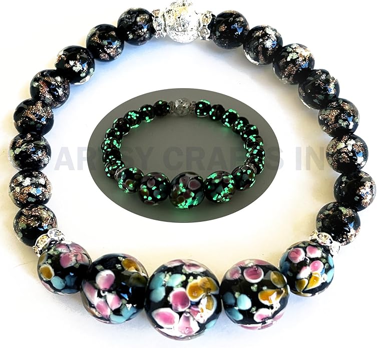ARTSY Crafts Lily Garden Glow in the Dark Firefly Bead Bracelets Necklaces, Handmade in USA Murano Glass Jewelry, Flower Luminous Beads Mermaid Crystal Bracelet Bangle