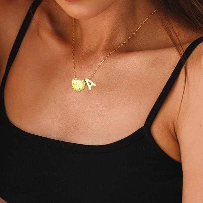 Valentines Day Gifts for Her- Heart Birthstone Initial Necklace for Women Girls,14K Gold Plated Heart Letter A-Z Necklace Birthday Trendy Jewelry Gifts for Women Girls Daughter