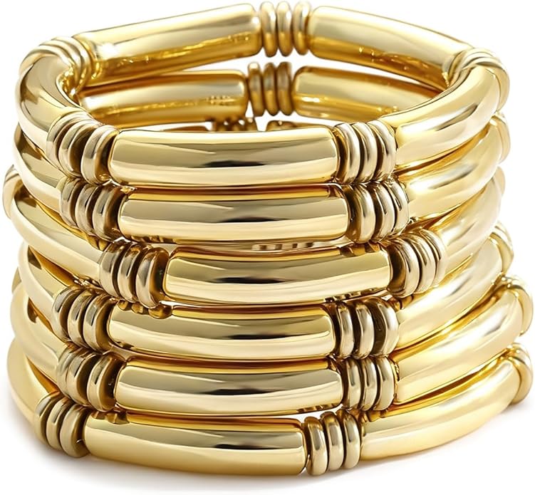 iF YOU 6pcs Chunky Acrylic Bangle Bracelets for Women, Resin Bamboo Brown Stretchy Bracelet Stack, Fashion Jewelry for Women