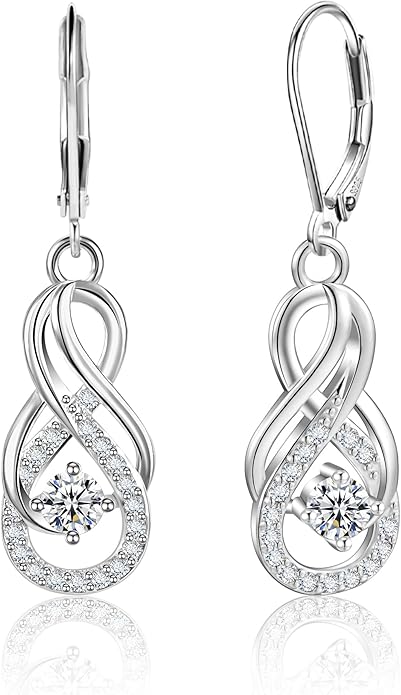 Sterling Silver Dangle Earrings for Women Trendy Hypoallergenic Leverback Silver Drop Earrings with Cubic Zirconia Double Twisted Infinity Heart Ball Charm Dangle Drop Earring Jewelry