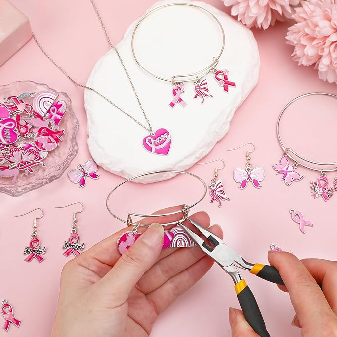 MARFOREVER 40 Pcs/20 Pairs Breast Cancer Awareness Charms, Pink Ribbon Charm Hope Ribbon Pendants for Bracelet Necklace Earrings Making Accessories for Jewelry Making