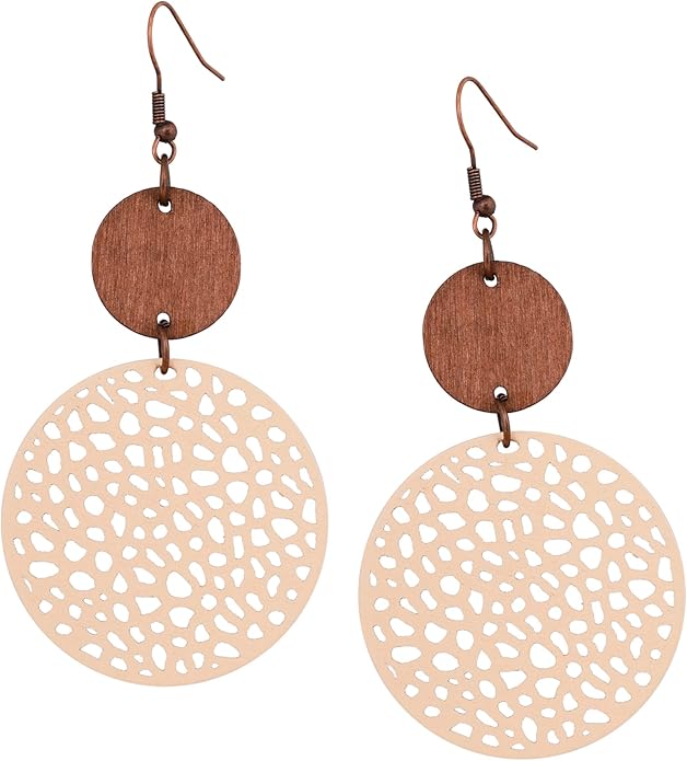 MINACHI Bohemian Hollow Cut-Out Wood Leather Dangle Drop Earrings, Boho Chic Hippie Statement Jewelry Gift for Women