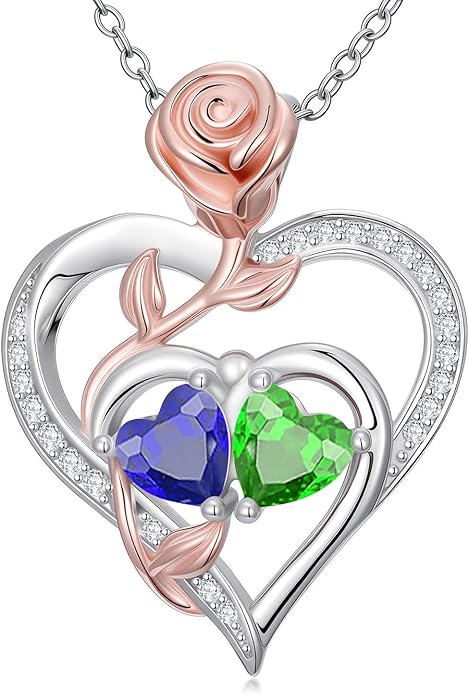 Rose Flower Heart Pendant for Women Birthday Gifts 18k Gold Plated Mother Daughter Necklace with 12 Months Birthstone Christmas Valentines Day Gifts for Her Mom Anniversarry Jewelry for Mom Wife Girlfriend