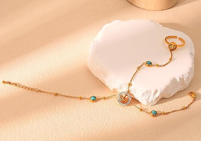 KROSS KULTURE 18K Gold Tree of Life Charm Hand Chain Finger Ring Bracelet with Turquoise Gemstones, Adjustable Dainty Waterproof Hypoallergenic Stainless Steel Fashion Jewelry Gift for Her