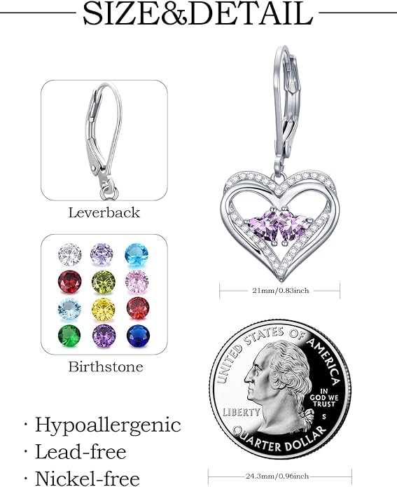 Valentines Day Gifts for Women, Heart Leverback Earrings Double Birthstone Dangle Earrings for Women, Love Jewelry for Her, Anniversary Birthday Gift for Mom Wife Girlfriend