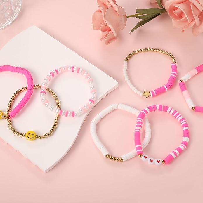 Preppy Bracelets Set Colorful White Gold Smile Heart Star Polymer Beaded Pearl Clay Stackable Charm Y2K Kidcore Aesthetic Summer Beach Bohemian Stretch Layering Bracelets Jewelry for Girls Women Teens