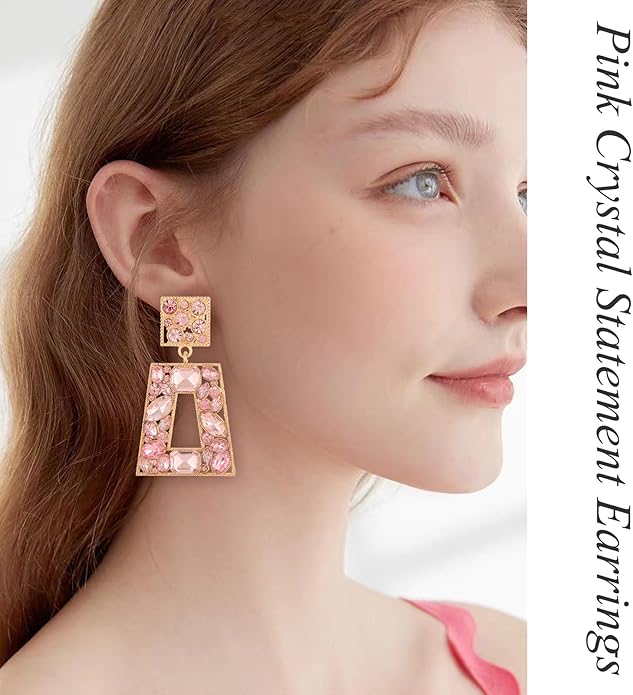Rhinestone Rectangle Statement Earrings Colorful Crystal Geometric Drop Dangle Earrings for Women Prom Party