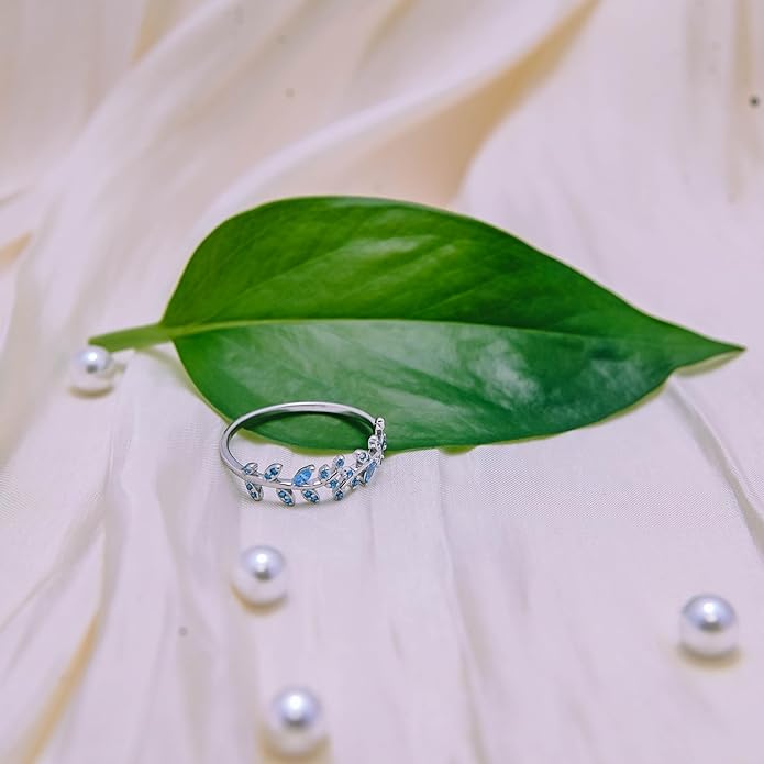 Adjustable S925 Sterling Silver Ring for Women,Branch Leaves Band Stacking Finger Ring,Paved Cubic Zirconia Stone Stackable Open Ring