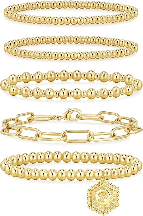 adoyi Valentines Day Gifts for Her Gold Bracelets for Women Waterproof, 14K Gold Plated Beaded Strand Bead Ball Bracelets stack Adjustable Jewelry Set for Gifts