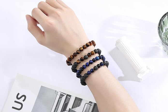 XIANNVXI Natural Stone Beads Bracelet for Men Crystal Bracelets 8MM Tiger Eye Lava Rock Obsidian Beaded Bracelet Set Black/Red/Blue Crystal Beaded Bracelets for Men