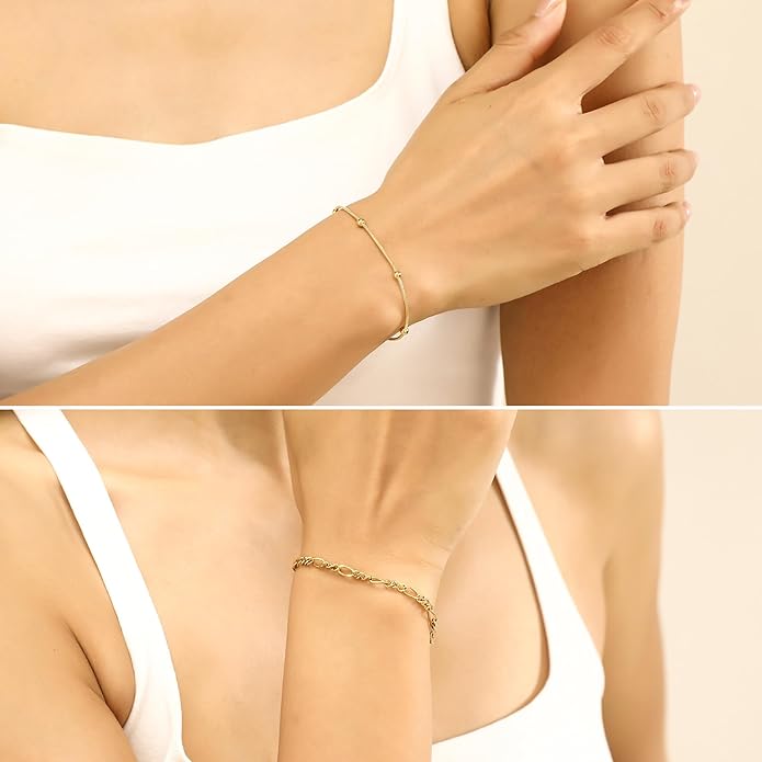wgoud Dainty Gold Chain Bracelets, 14K Real Gold Plated Link Bracelets for Women, Trendy Stackable Bracelet Set, Waterproof Adjustable