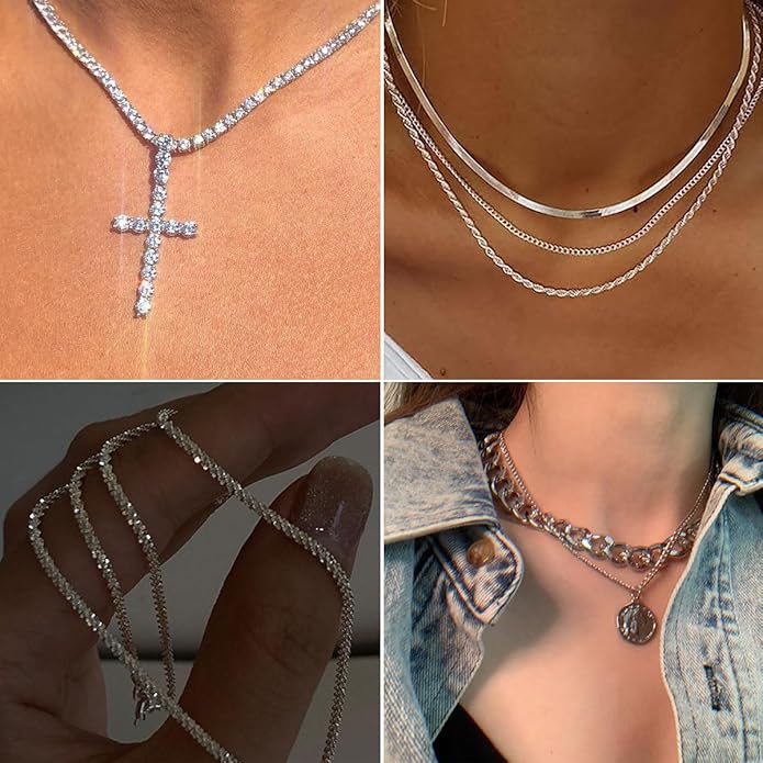 116 Pcs Silver Jewelry Set with 7Pcs Layered Necklace, 11 Pcs Bracelet and 22pcs Hoop Earrings ,22pcs Knuckle Rings,54pcs stud earrings Jewerly set For Women Valentine Anniversary Birthday Friendship Gift