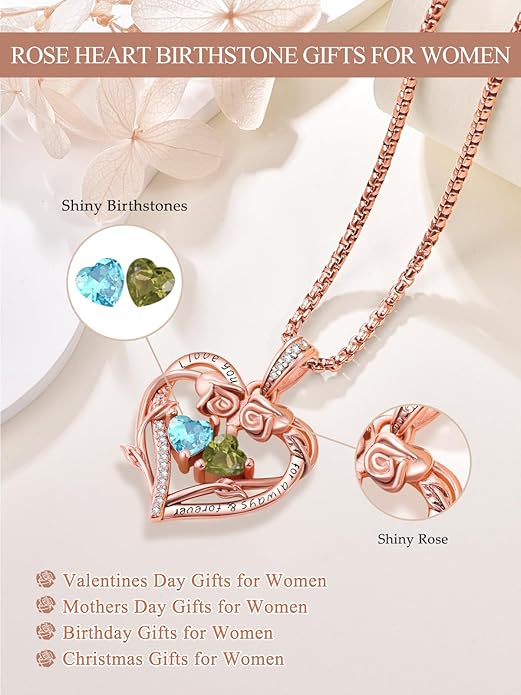 Rose Heart Necklaces for Women, Rose Gold Forever Love Jewelry with 2 Birthstones Pendant,Valentines Anniversarry Birthday Gifts for Her Wife Mom Grandma Daughter, 18+2 Inch Chain