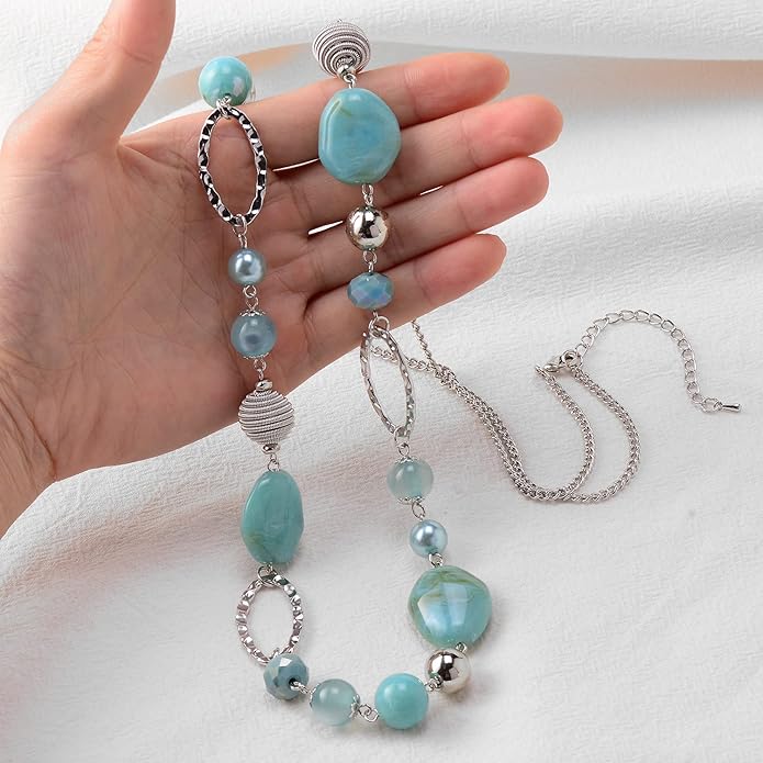 BULINLIN Beaded Long Necklace for Women Silver Sweater Chain Necklace with Crystal Resin Beads, Fashion Jewelry Necklace