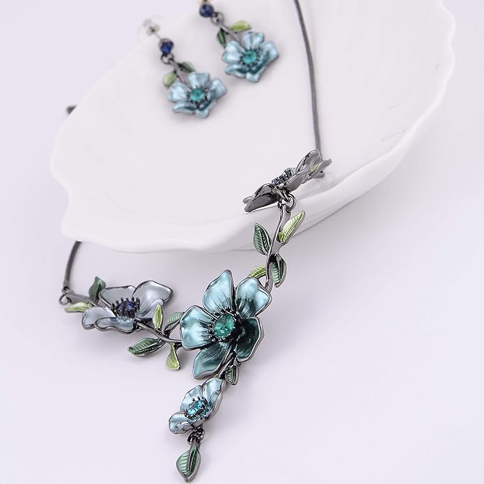 AMYJANE Vintage Statement Jewelry Set - Spring Leaf Flower Floral Plant Necklace Earring Set Crystal Rhinestone Fashion Costume Jewelry for Women Prom Party Unique Gift