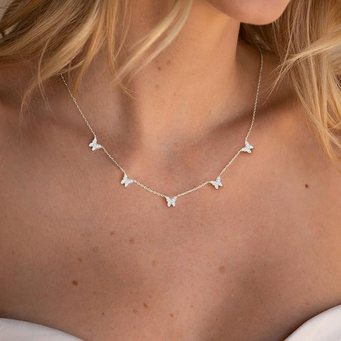 VRIUA Necklaces for Women - 14K Gold/Silver Plated Dainty Chain Necklace with Five Charms: Diamond, Bow, Snowflake, Cross, Flower, Clover, Butterfly, Heart, Star of David, and Star Trendy Jewelry