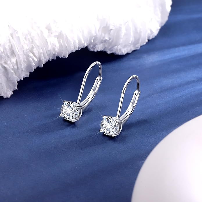 Moissanite Earrings, White Gold Plated Soild Sterling Silver Dangle Earrings 1.0ct-2.0ct D Color Brilliant Round Cut Lab Created Moissanite French Leverback Drop Earring for Women