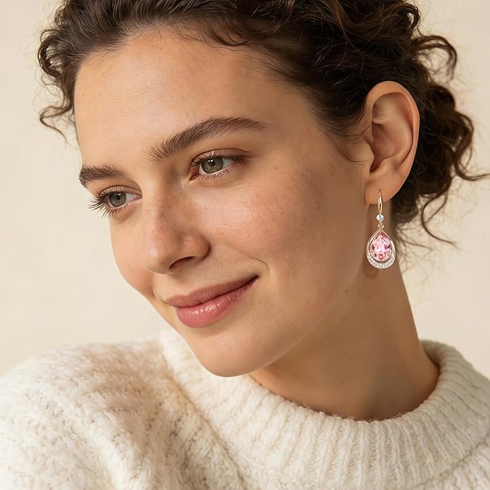 Austrian Crystal Halo Teardrop Hollow Drop Dangle Earrings for Women 14K Rose Gold Plated Hypoallergenic Jewelry Gifts