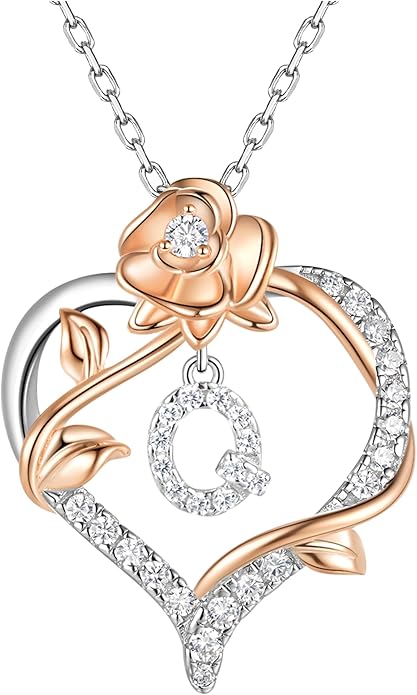 Valentines Day Gifts Rose Heart Letter Initial Necklace for Women, S925 Sterling Silver Pendant Necklace Adjustable Dainty Rose Flower Jewelry Gift for Her