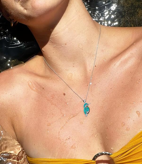 Turquoise with Amber Bird Pendant Necklace, Sterling Silver Genuine Boho Western Jewelry Gift for Birthday