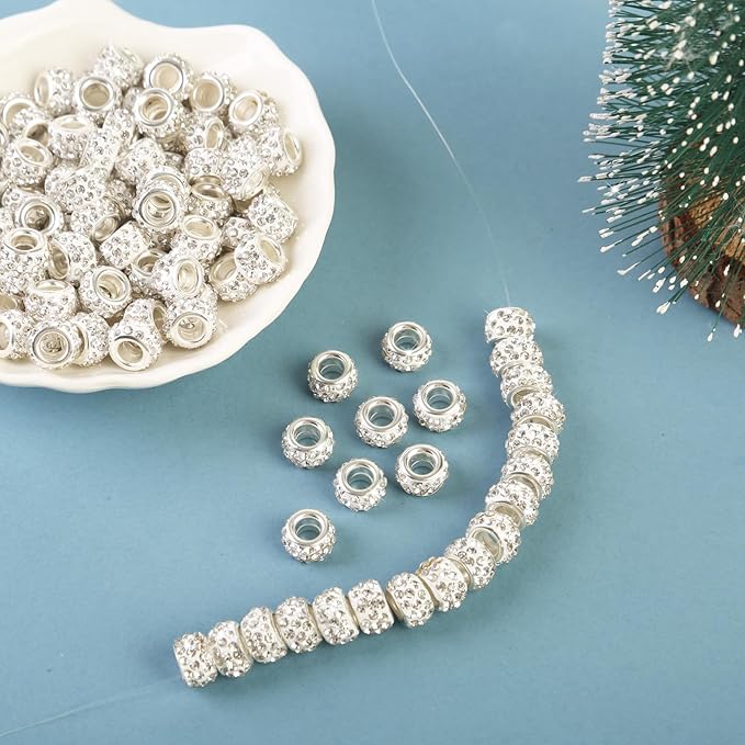 100Pcs Rhinestone Large Hole Beads Spacer Beads White European Craft Big Beads Large Hole Rhinestones Lampwork Murano Bead Fairy Wand Garden Beads for DIY Bracelet Necklace Jewelry Making Supplies