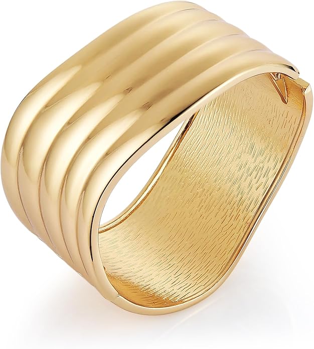 HZMAN 18K Gold Plated Wide Cuff Bracelet for Women - Premium Alloy Shiny Polished Double Layer Statement Bangle, Trendy Daily Wear Party Jewelry Accessory