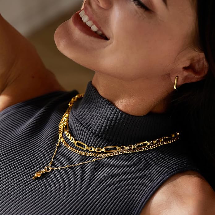 Dainty Layered Choker Necklace 18k gold Plated Y Pendant Commemorative coin Necklace Multilayer Bar Disc Necklace Adjustable Layering Choker Necklaces fashion jewelry for Women Girls