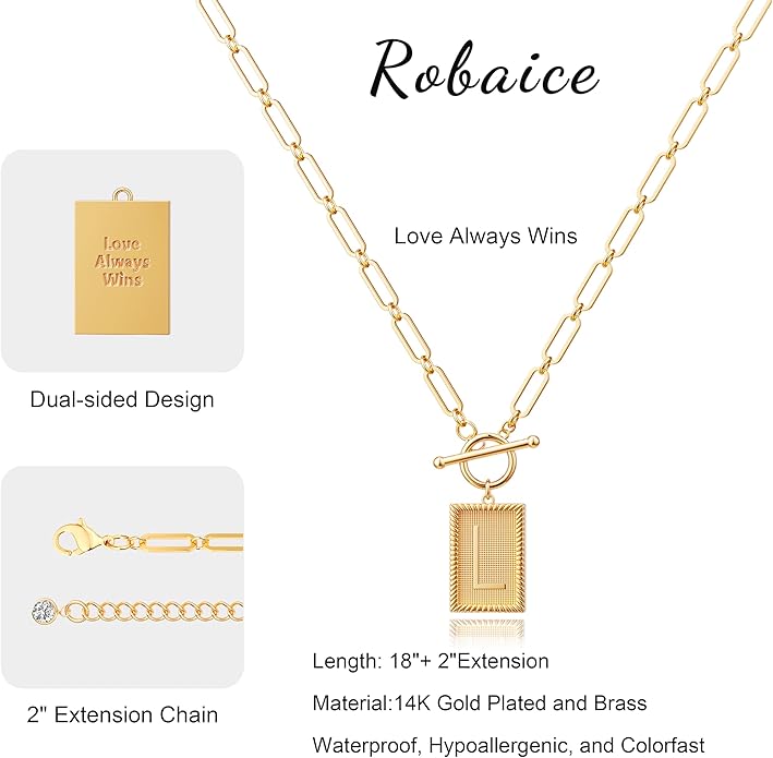 14K Gold Plated Initial Letter Necklace for Women, Personalized Alphabet Pendant with Inspirational Engraving, Paperclip Chain Non-Tarnish Jewelry Gift for Her