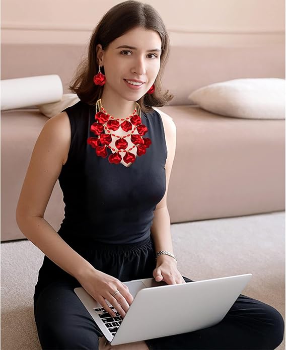 Flower Petal Necklace Earrings Set Layered Statement Beaded Jewelry Set for Women Summer Necklace Earrings