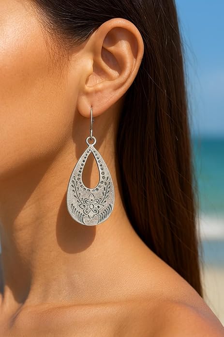 Antique Silver Floral Stamp Teardrop on Sterling Silver Earrings Boho Women Handmade Sundance Dreams Designs