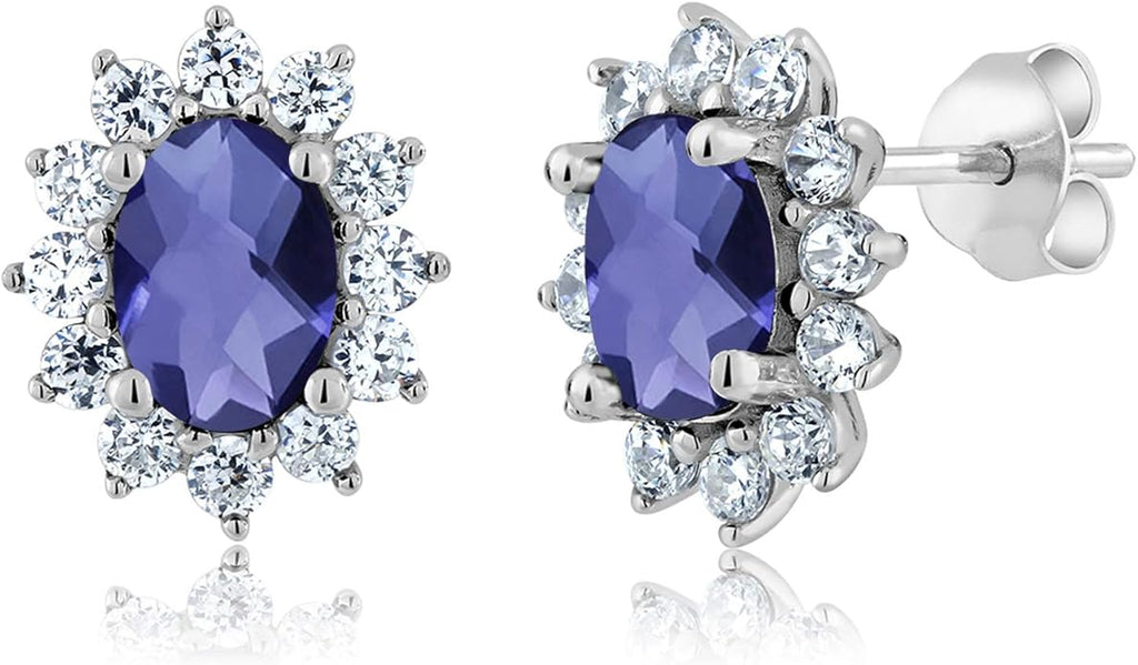 Gem Stone King 7X5MM Oval Gemstone Birthstone Stud Earrings For Women | Princess Diana Royal Halo Style | 925 Sterling Silver | Fine Jewelry Gifts for Anniversary Wedding Her Mom Women Wife