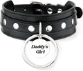 Black O-ring Leather Choker Collar for Women, Gothic Punk Style Adjustable Choker Necklace with Rivets and Engraved Letters Steel Tag