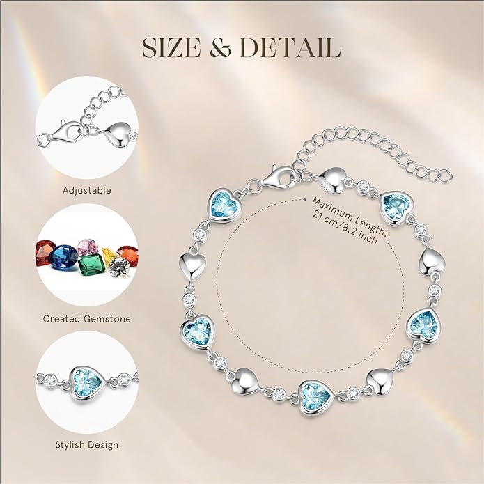 Carleen Birthstone Bracelets for Women 925 Sterling Silver Five Heart Station Created Gemstone Tennis Bracelet Jewelry Anniversary Birthday for Wife, 7"+1.2" Extender