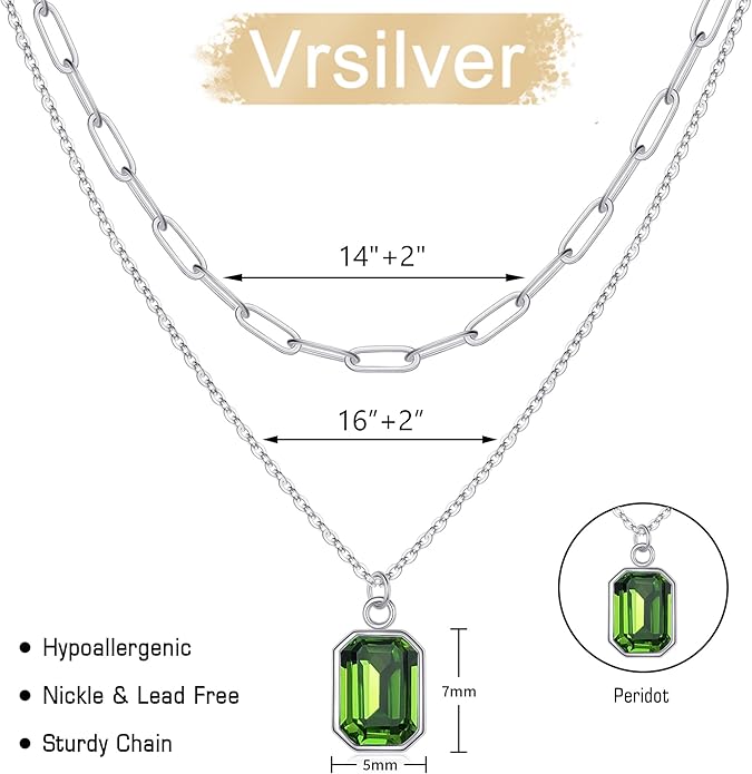 Layered Birthstone Necklace for Women Girls, 14K Gold-Plated Paperclip Chain Choker Necklace with Rectangle Birthstone Pendant Birthday Gifts for Women Girls Dainty Small