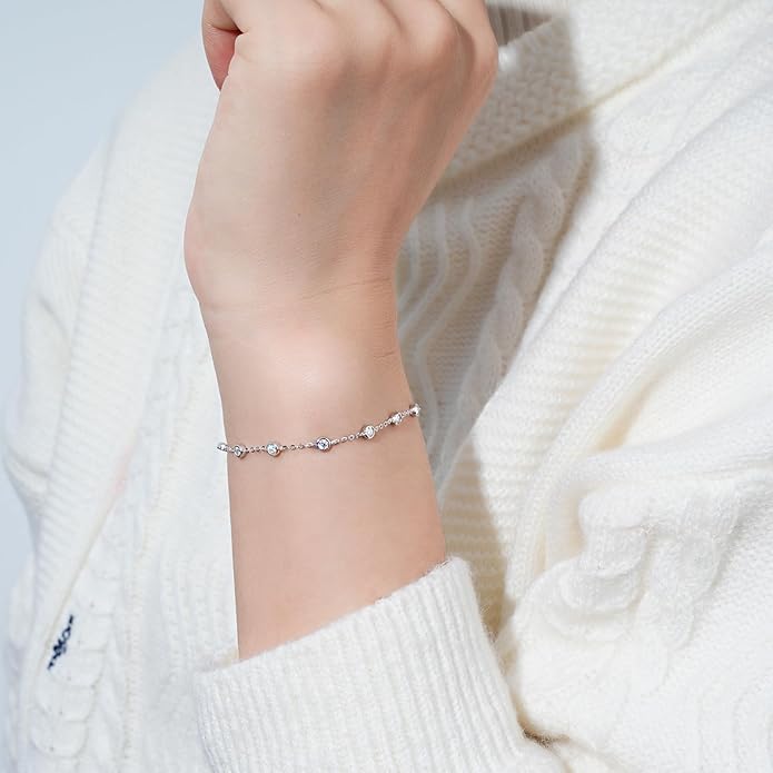 Bezel Moissanite Link Bracelet 0.66cttw D Color VVS1 925 Sterling Silver Adjustable Dainty Bracelets for Women Wife Birthday Jewelry Gifts