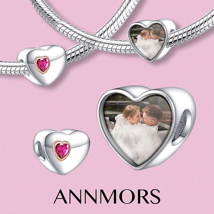 Annmors Personalized Photo Charms For Bracelets/Necklace 925 Sterling Silver Love Heart Shaped Engraved Customize Picture Gift for Birthday Mother's Day,Bead Charms Jewelry for Women
