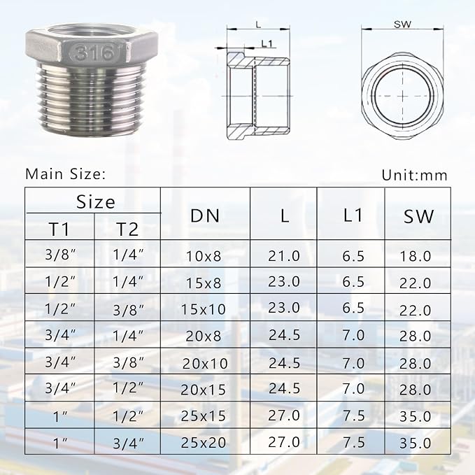 316 Stainless Steel Hex Bushing Reducer, 3/4" NPT Male to 3/8" NPT Female Pipe - Image 6