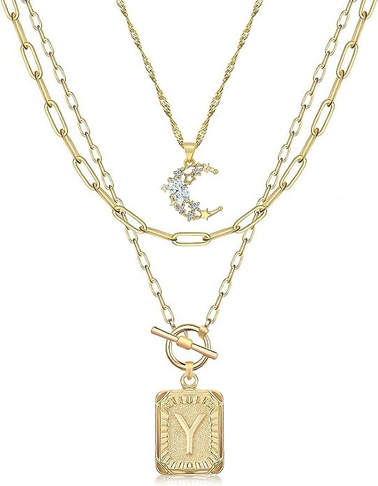 MJartoria Layered Initial Necklaces for Women Trendy, 14K Gold Plated Brass Simple Moon Choker Square Letter Pendant Necklace, Paperclip Chain Necklaces Jewelry Gifts
