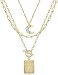 MJartoria Layered Initial Necklaces for Women Trendy, 14K Gold Plated Brass Simple Moon Choker Square Letter Pendant Necklace, Paperclip Chain Necklaces Jewelry Gifts