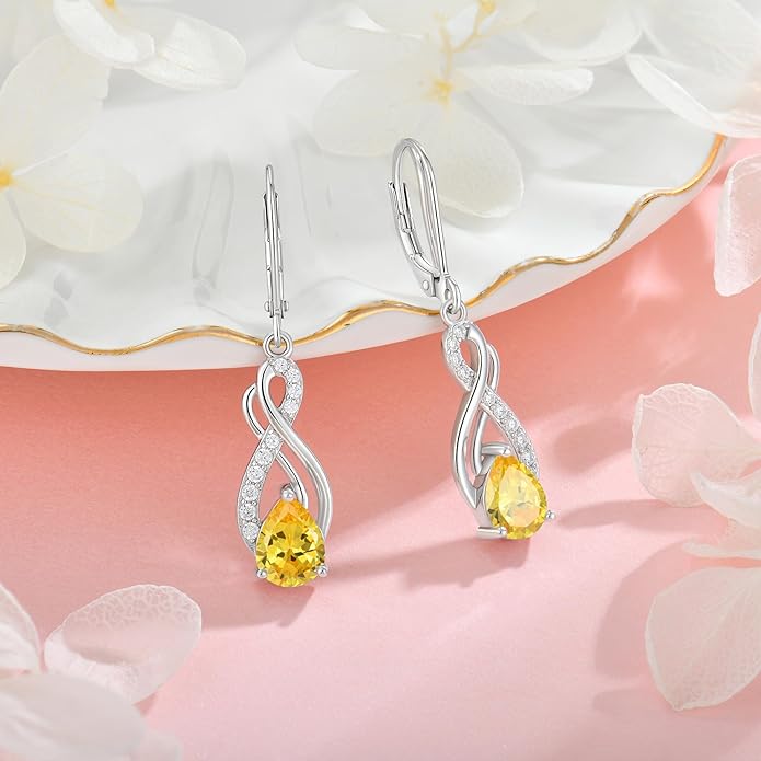 Infinity Love Birthstone Earrings for Women 925 Strling Silver 5A Cubic Zirconia Dangle Drop Leveback Earrings Jewelry Birthday Christmas Day Gifts for Her