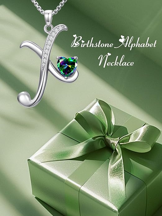 Valentines Day Gifts for Women Alphabet A to Z Initial Birthstone Pendant Necklaces for Women - 18k White Gold Plated Personalized Name Jewelry Valentine Mothers Day Birthday Gifts for Women Her Girlfriend