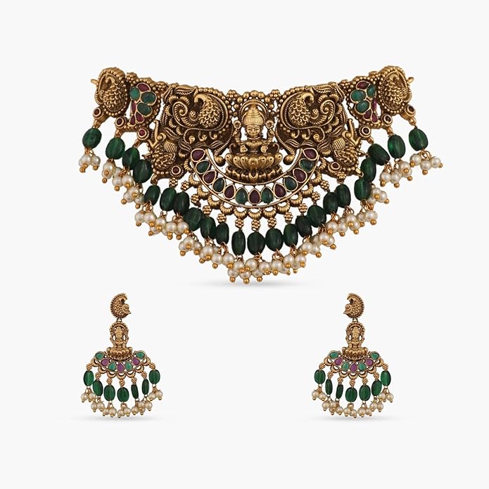 TARINIKA Brass Indian Choker Necklace Set - Gold Plated Cubic Zirconia Indian Jewelry Sets for Women Dangle, Drop, Jhumka Earrings Traditional Desi Necklace Pearls Gift for her