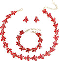 Bridal Wedding Crystal Leaf Choker Necklace Dangle Earring Bracelet Brides Bridesmaid Jewelry Set for Women
