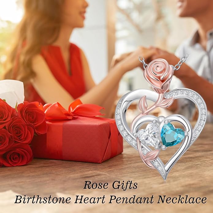 Rose Flower Heart Pendant for Women Birthday Gifts 18k Gold Plated Mother Daughter Necklace with 12 Months Birthstone Christmas Valentines Day Gifts for Her Mom Anniversarry Jewelry for Mom Wife Girlfriend