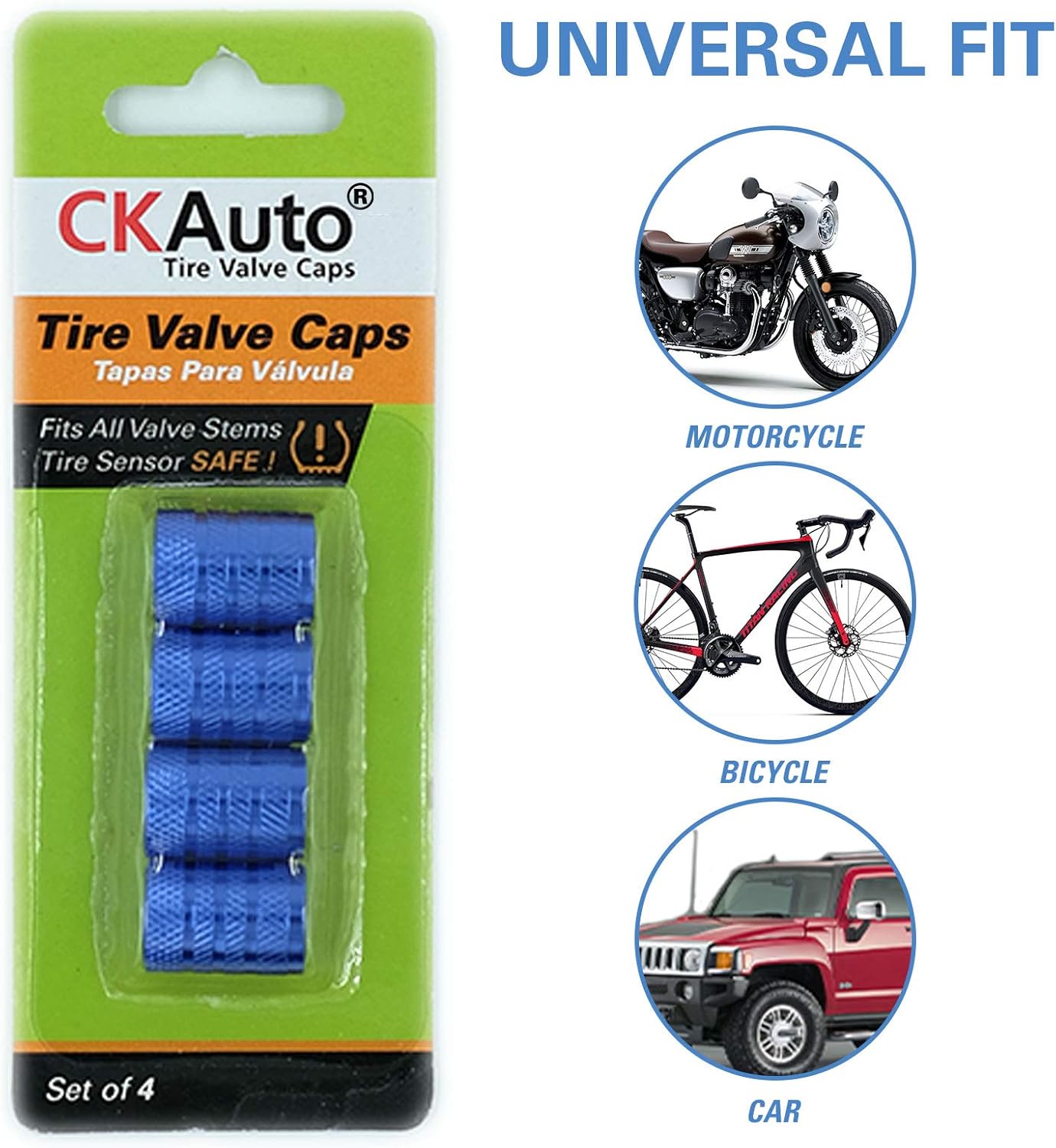CKAuto Tire Valve Stem Caps, Blue, 4 pcs/Pack, Anodized Aluminum Tire Valve Cap Set, Corrosion Resistant, Universal Stem Covers for Cars Trucks Motorcycles SUVs and Bikes