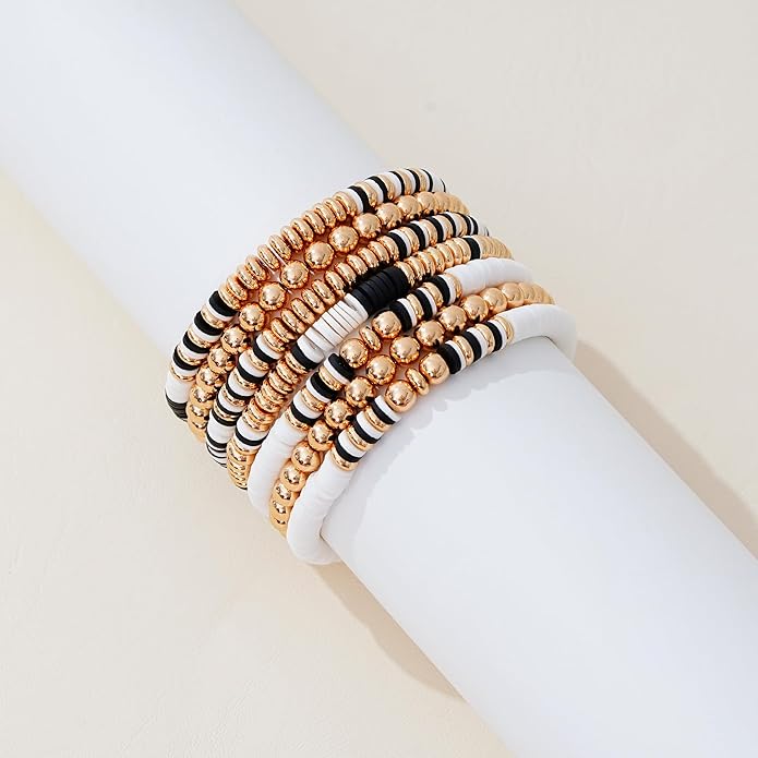 GOOJIDS Surfer Heishi Clay Bead Bracelets for Women Bohemian Stackable Gold Plated Beaded Stretch Bracelets Elastic Layering Friendship Bracelets Set Boho Jewelry