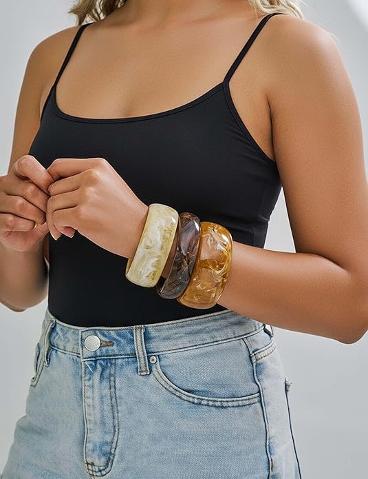 Chunky Resin Bracelet for Women Vintage Tortoiseshell Resin Bangle Bracelets Set Wide Acetate Wristband Acrylic Bracelet Statement Jewelry