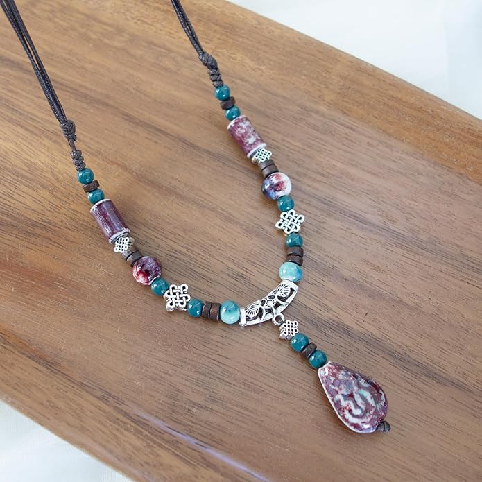 Adjustable Ceramic Beaded Necklace for Women, Boho Handmade Flower Pendant Necklace, Hippie Jewelry for Mom and Wife