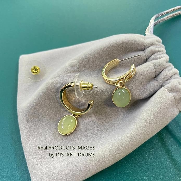 DISTANT DRUMS Simple Natural Green Aventurine Stone Jewelry Set for Women,Hoop Earrings,Bracelet,Necklace,18K Gold-plated Spiritual Gift,Fortunate Stone Jewelry,Choker